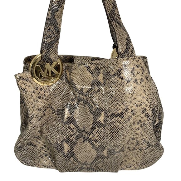 MICHAEL KORS Fulton Python Embossed Leather Large Shoulder Bag - Gray/Tan/Black - Picture 3 of 14